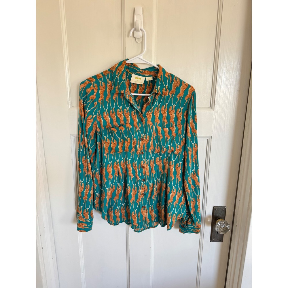 Maeve Anthropologie teal cheetah blouse size US8